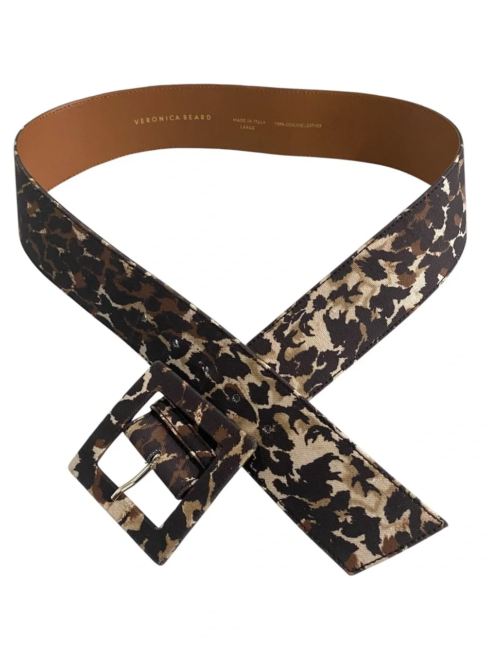 Veronica Beard Rickie Brown Animal Print Canvas Leather Statement Belt Large